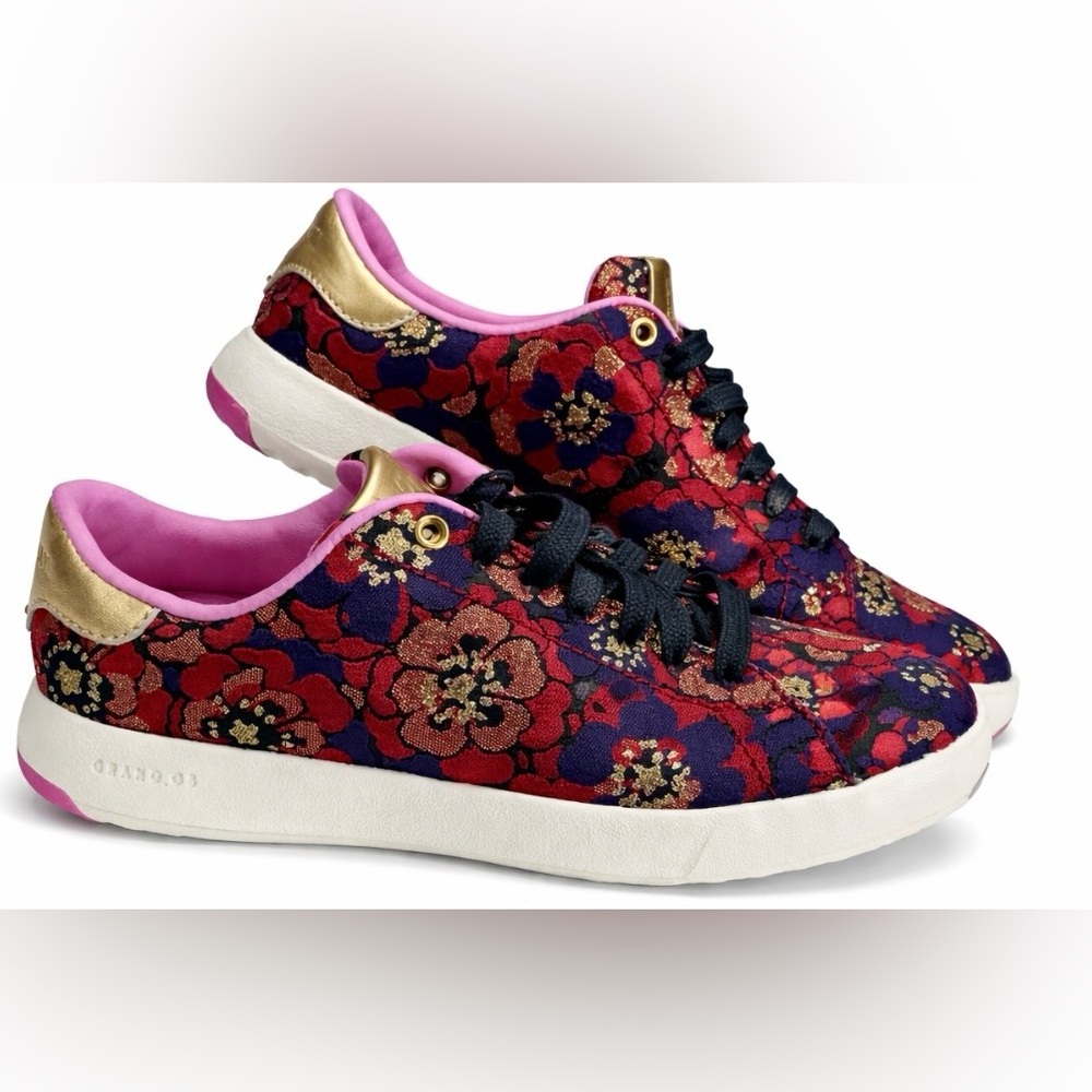 Cole Haan GrandPro Tennis Shoes Floral Brocade Gold Pink Women’s 5.5